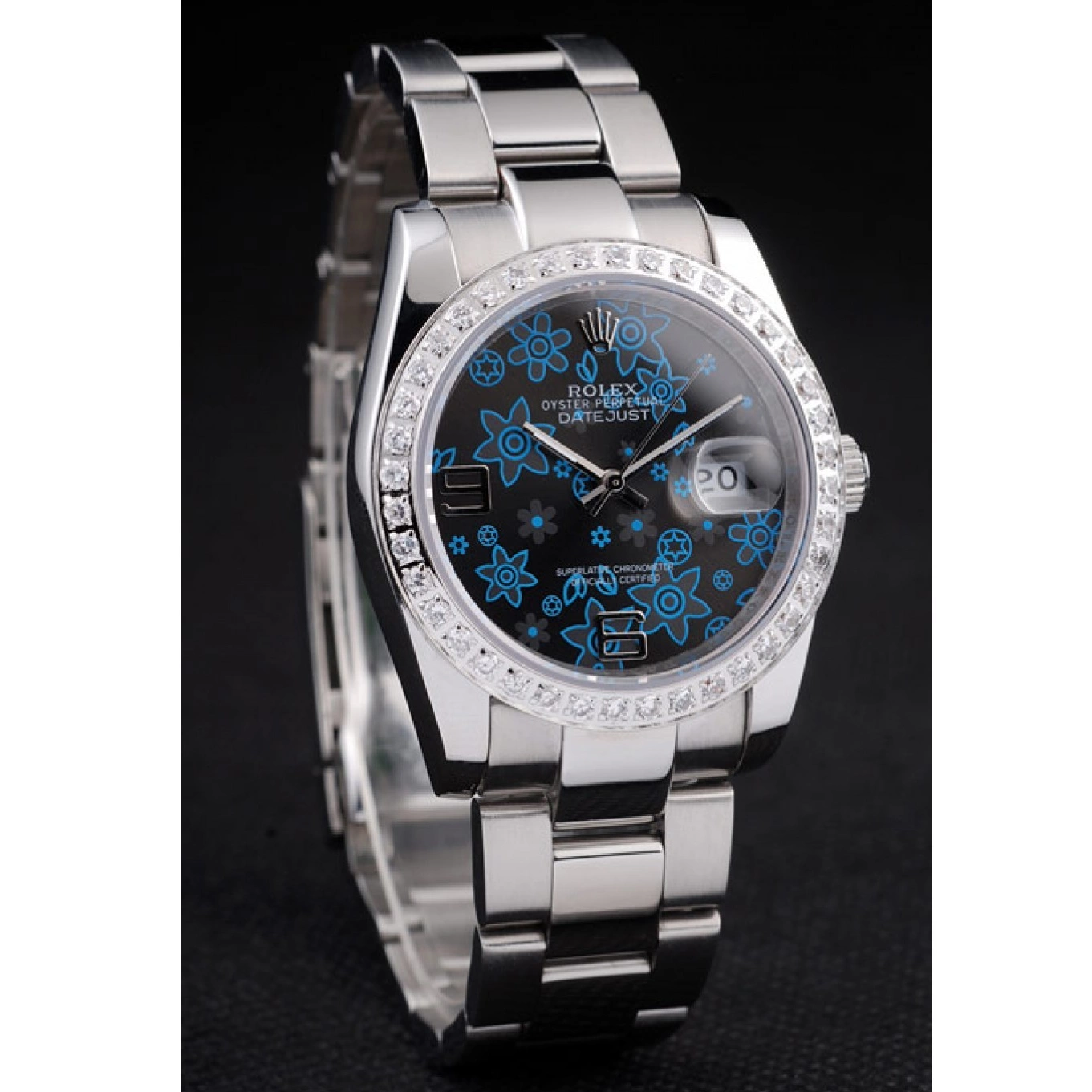 Good Copy Rolex Watches Dial Plated Stainless Steel Datejust Rolex Dark Diamond Polished Flowers Blue 0825